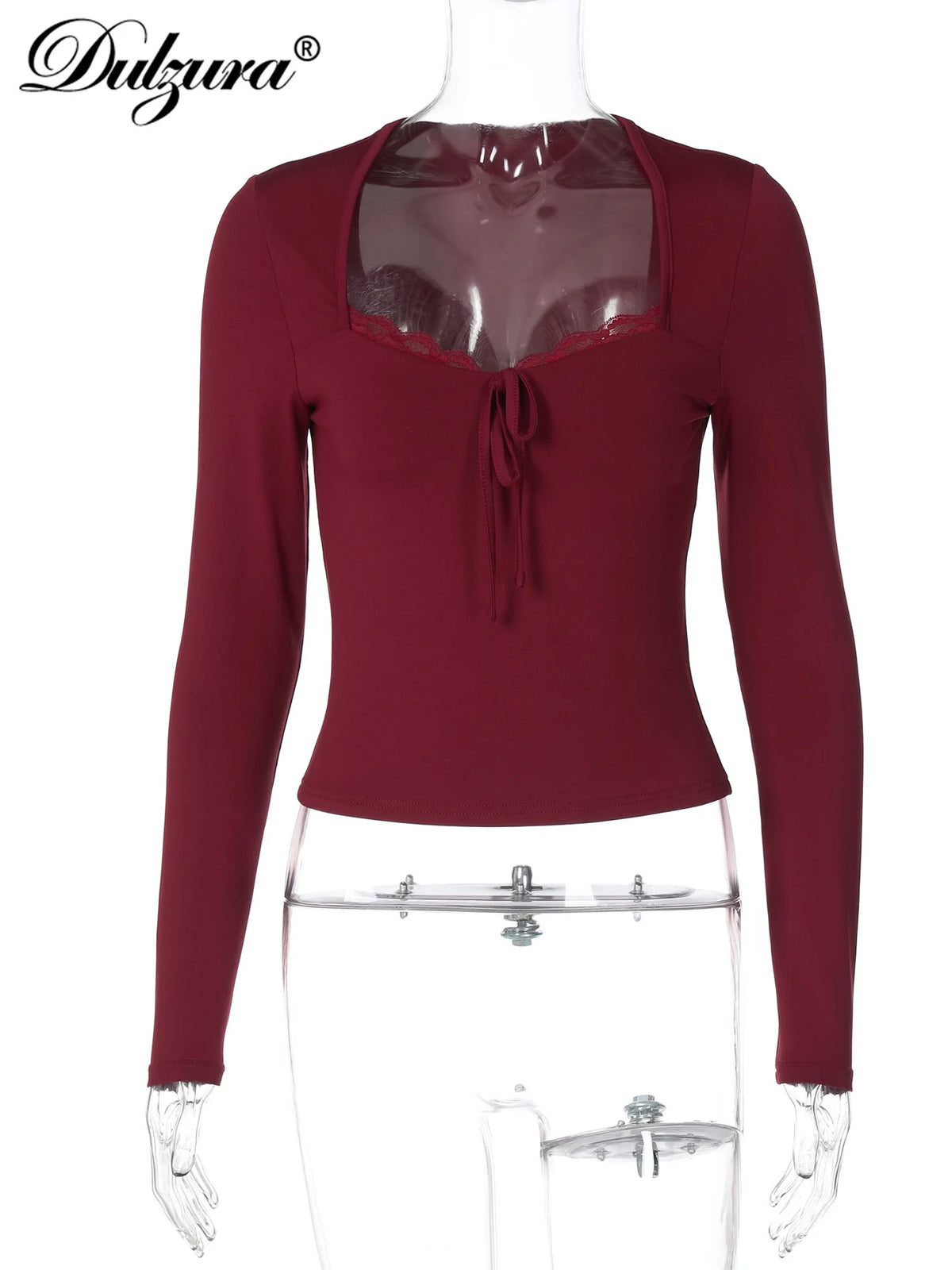 2025 Autumn Latest Fashion Sexy Square Collar Long Sleeve Slim Lace up Lace Ruffles Patchwork T-Shirt Party Club Clothes
