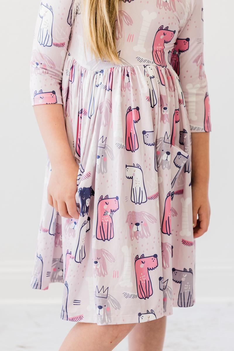Puppy Party 3/4 Sleeve Pocket Twirl Dress