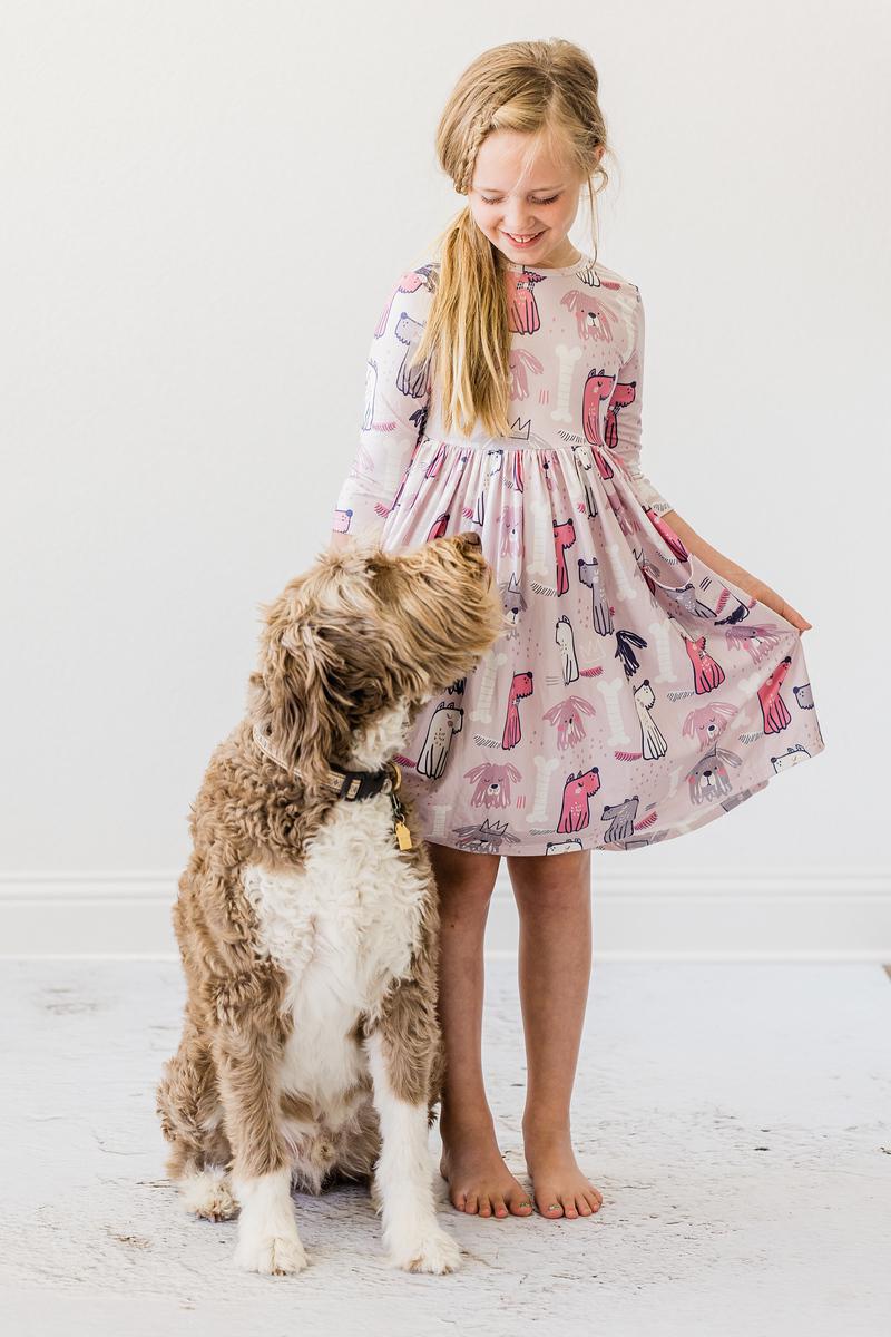 Puppy Party 3/4 Sleeve Pocket Twirl Dress